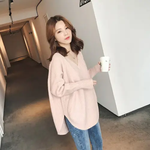 Women V-Neck Knitted Pullover Sweater Winter Beige — feature 2