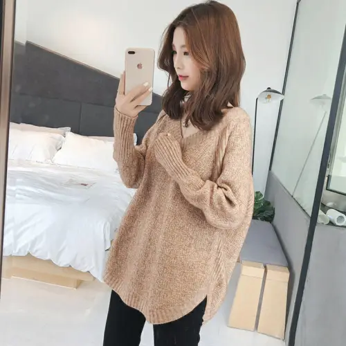 Women V-Neck Knitted Pullover Sweater Winter Beige — feature 5