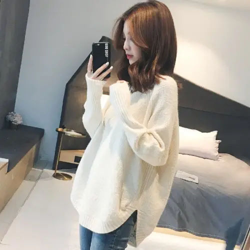 Women V-Neck Knitted Pullover Sweater Winter Beige - Image 3