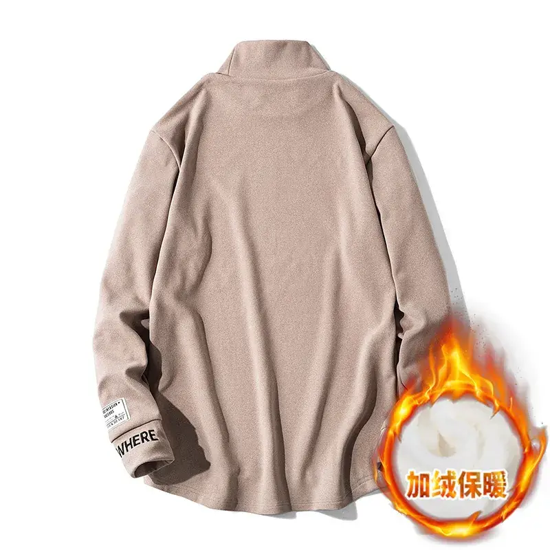 Men Beige Fleece Long Sleeve T-Shirt All Season Warm - Image 5