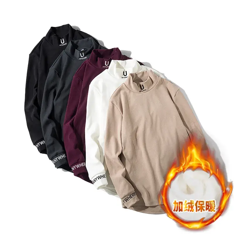 Men Beige Fleece Long Sleeve T-Shirt All Season Warm - Image 6