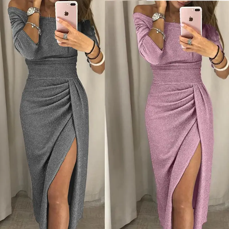 Women's Long Sleeve Slip Dress with High Slit Design