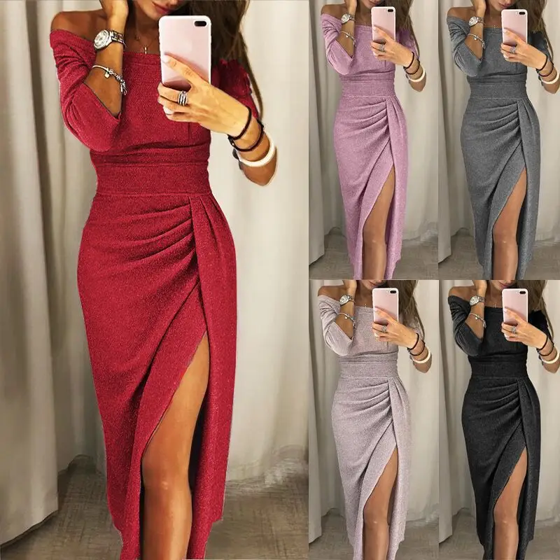 Women's Long Sleeve Slip Dress with High Slit Design