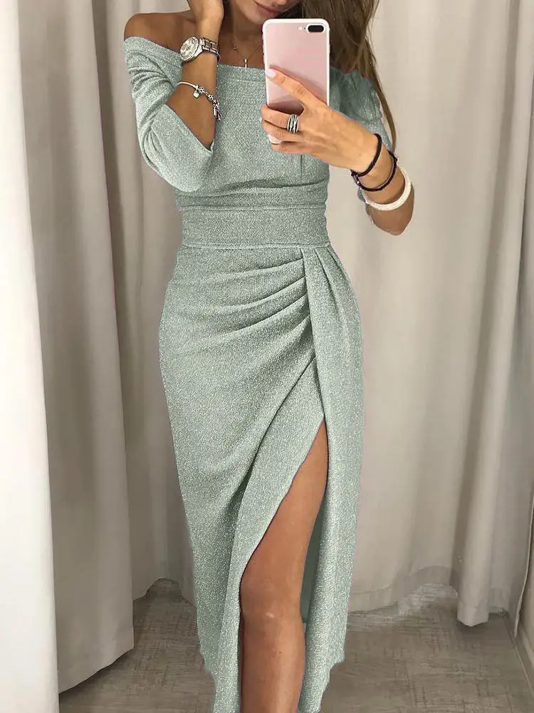 Women's Long Sleeve Slip Dress with High Slit Design