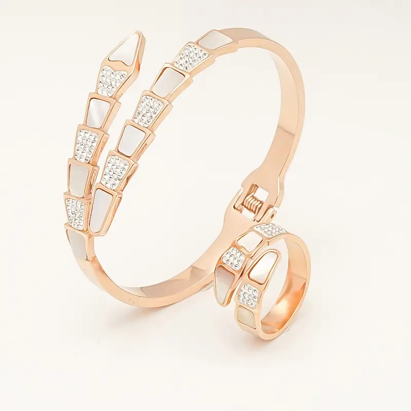 Titanium Steel White Shell Snake Ring with Diamonds - Image 7