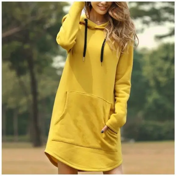 Women's Yellow Hoodie Dress Large Size Loose Fit Pocket Long Sleeve - Image 10