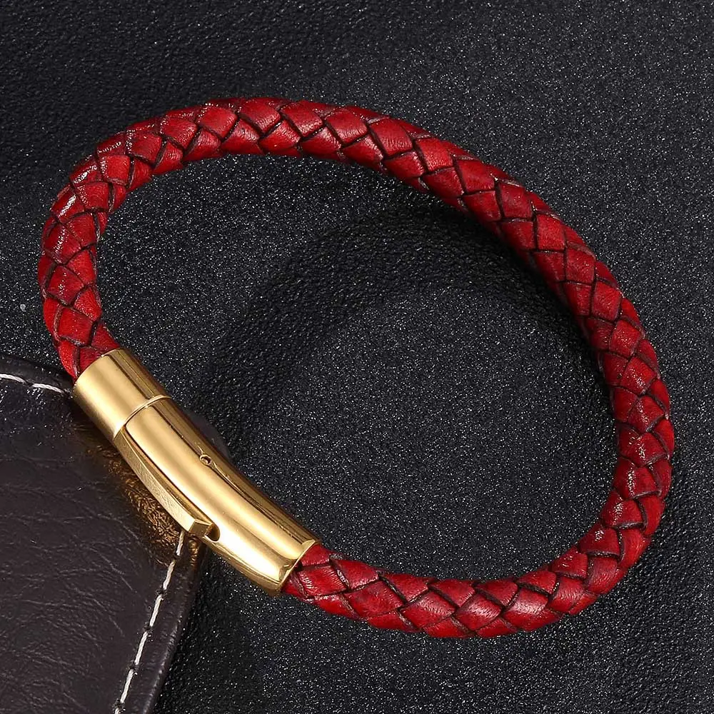Red Braided Leather Bracelet with Gold Snap Button - Image 2