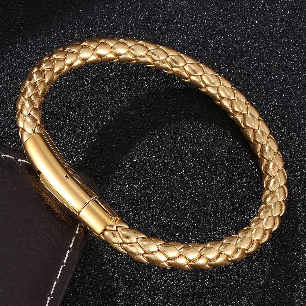 Red Braided Leather Bracelet with Gold Snap Button - Image 5