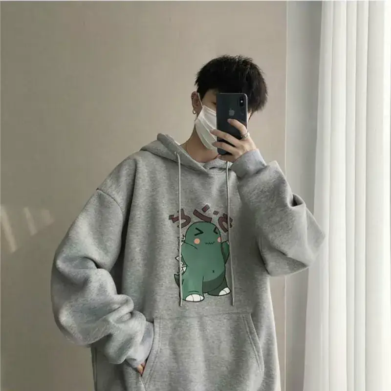 Men Fleece Hoodie Gray Cartoon Print Winter Wear