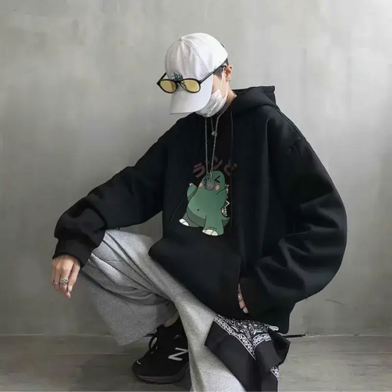 Men Fleece Hoodie Gray Cartoon Print Winter Wear