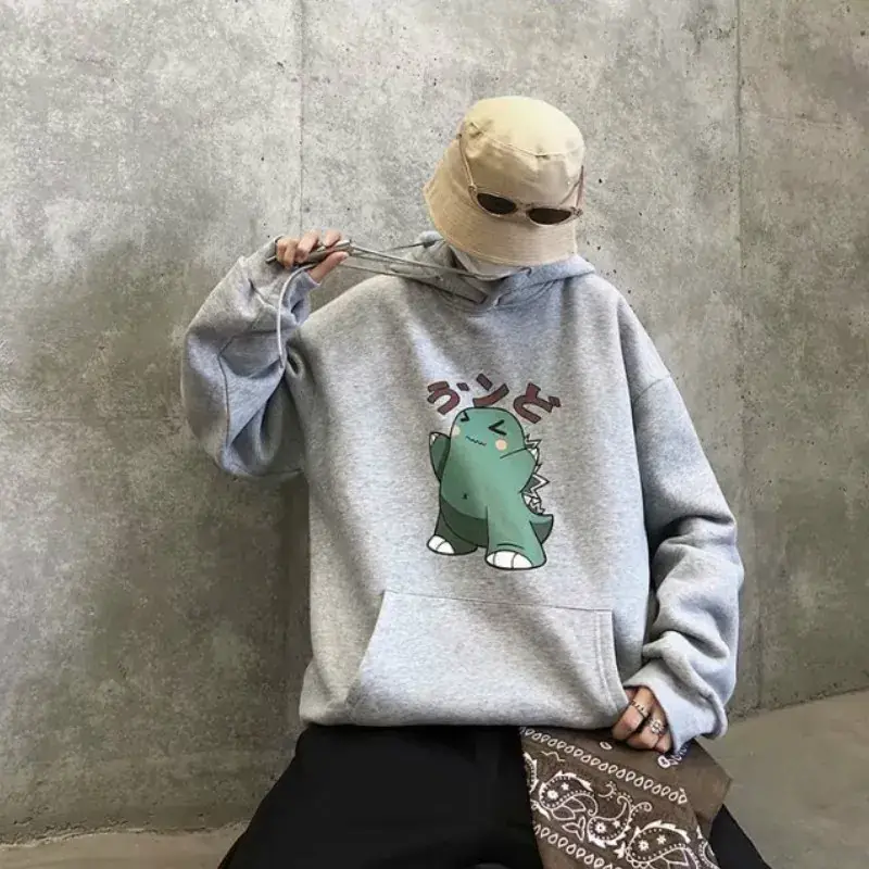 Men Fleece Hoodie Gray Cartoon Print Winter Wear