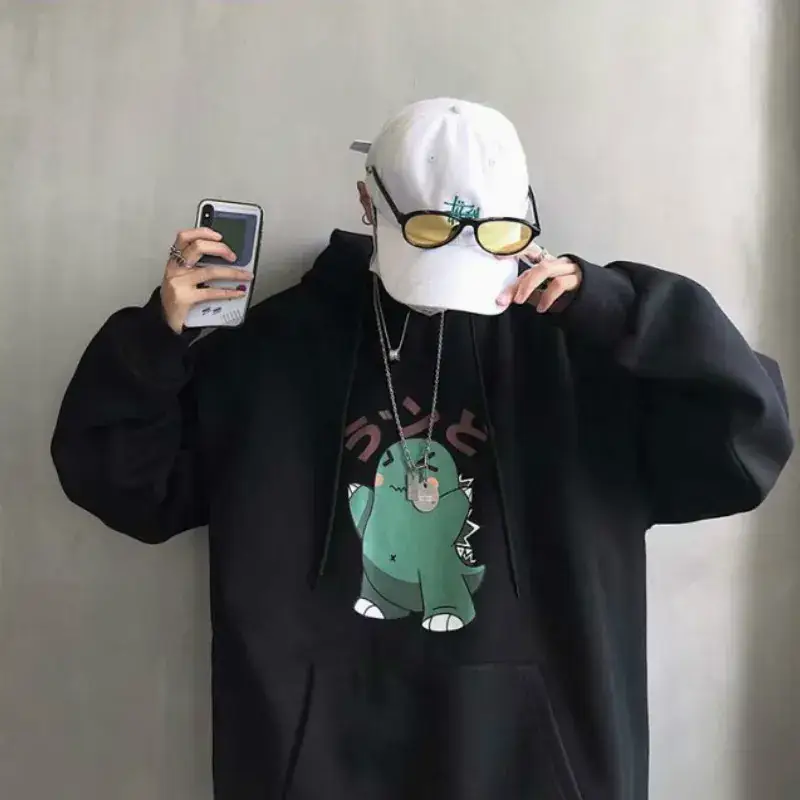 Men Fleece Hoodie Gray Cartoon Print Winter Wear