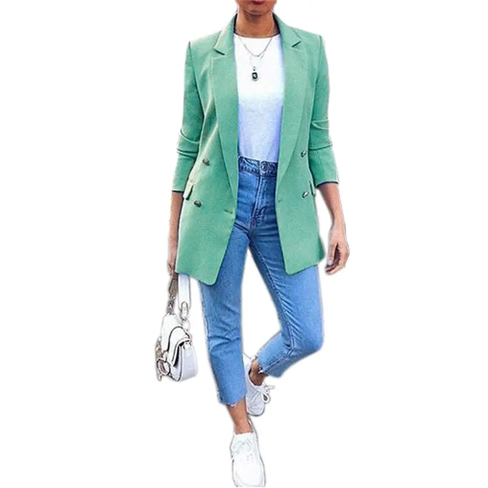 Women Blue Suit Jacket Lapel Cardigan 2020 Europe US
