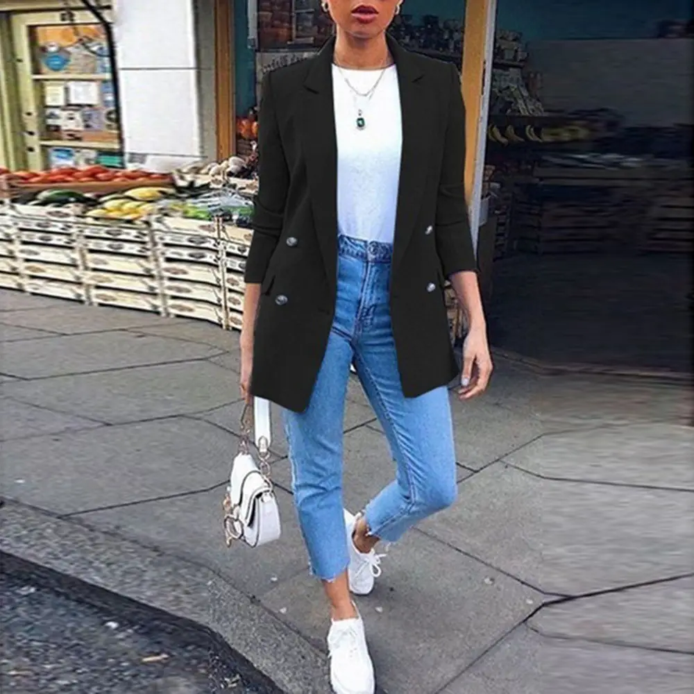 Women Blue Suit Jacket Lapel Cardigan 2020 Europe US