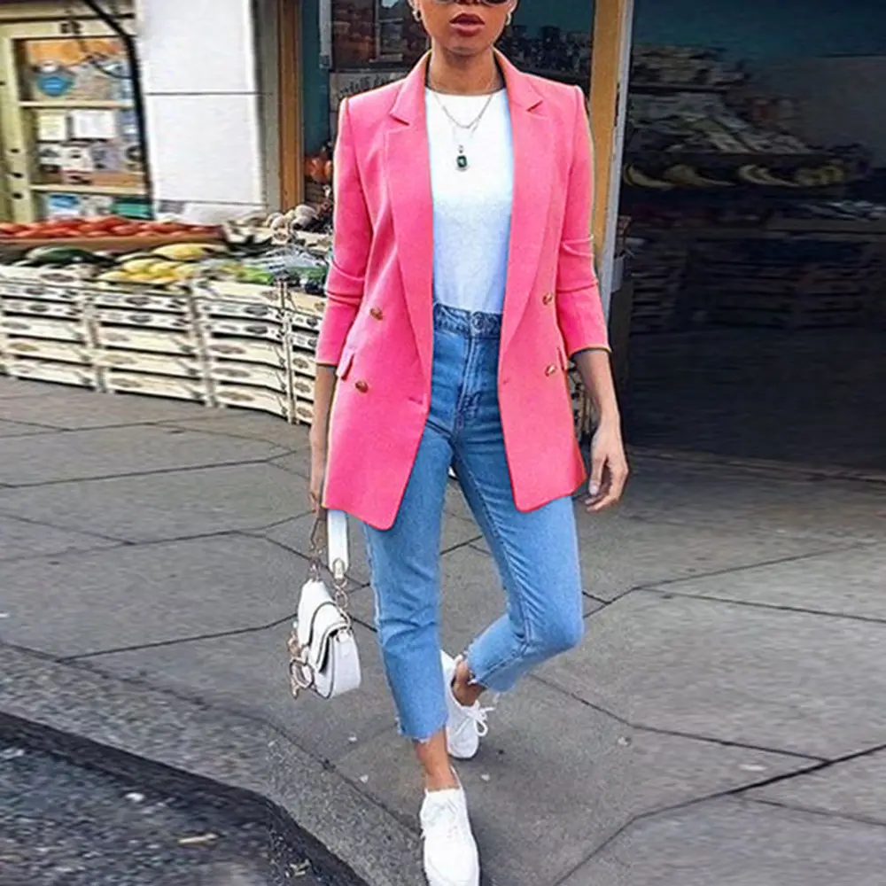 Women Blue Suit Jacket Lapel Cardigan 2020 Europe US