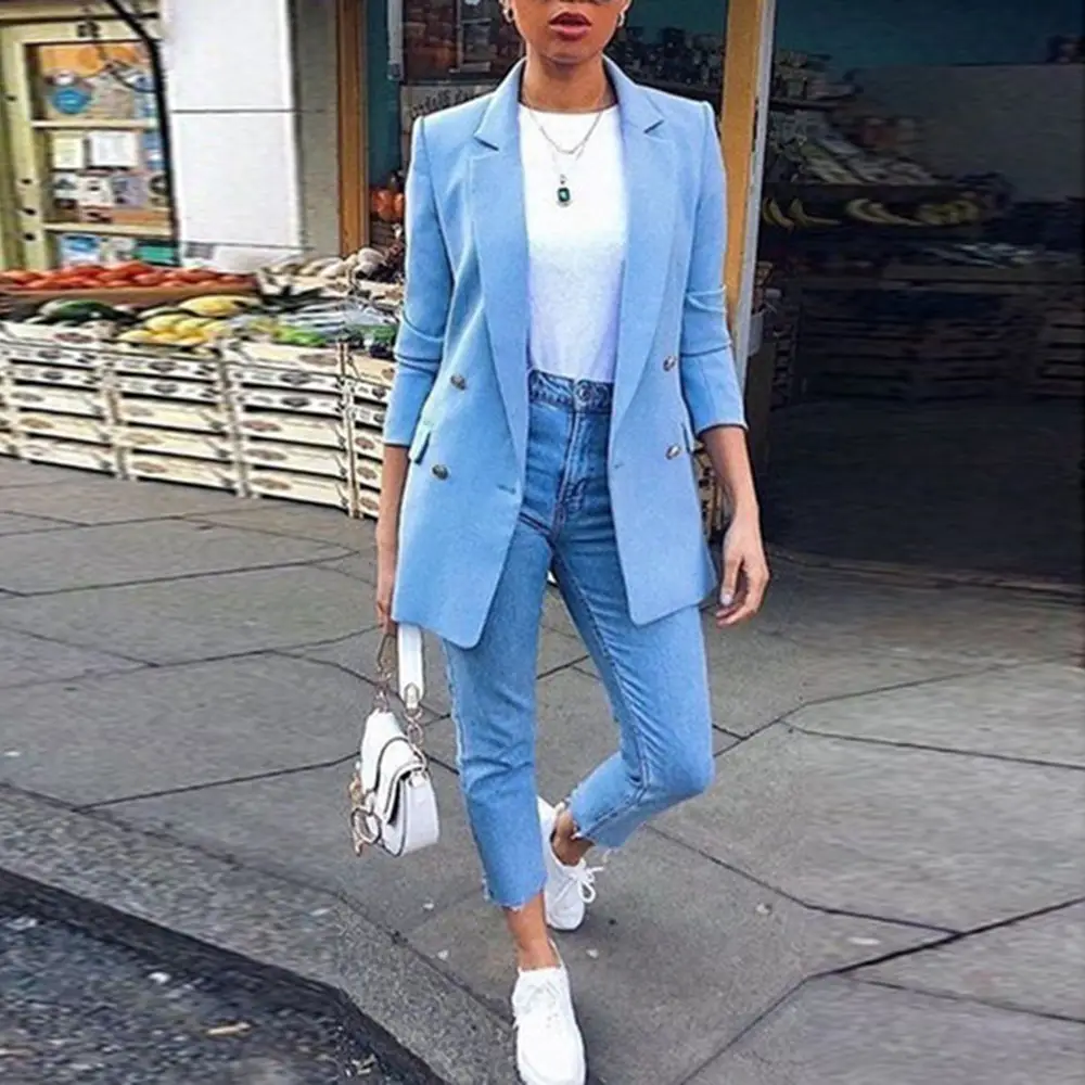Women Blue Suit Jacket Lapel Cardigan 2020 Europe US