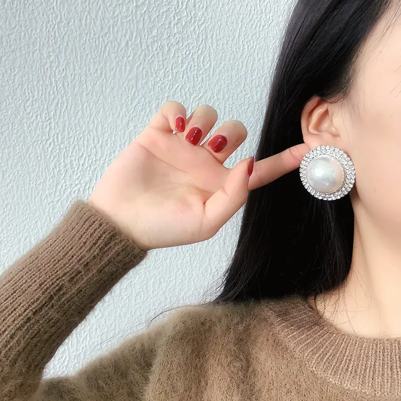 Silver Pearl Diamond Earrings for Women - Image 3