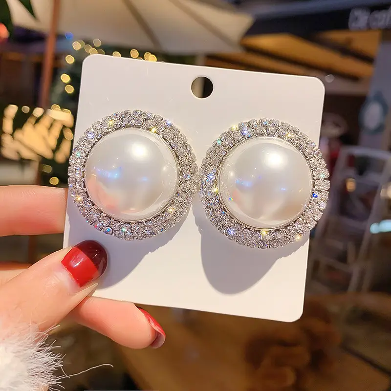 Silver Pearl Diamond Earrings for Women - Image 5