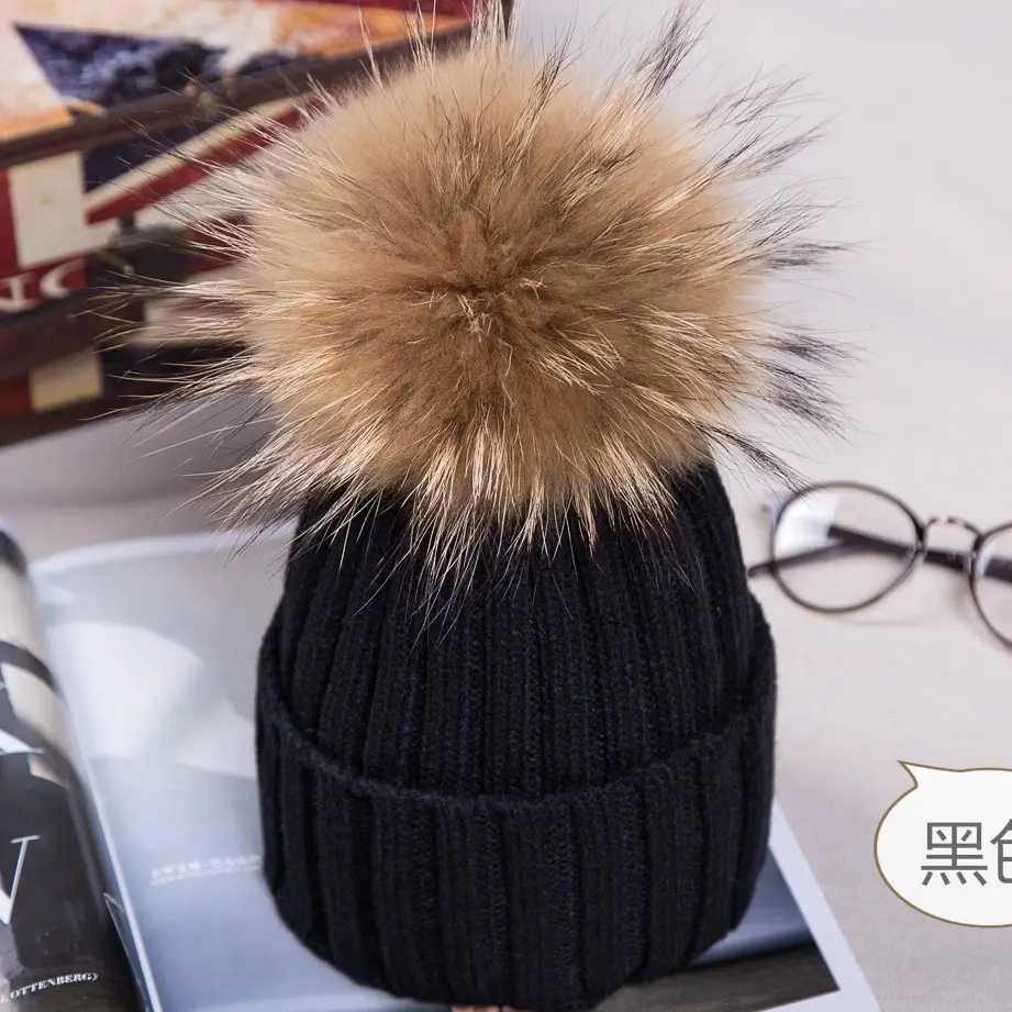 2021 Winter Knitted Wool Hat with Fur Pom Pom Blue