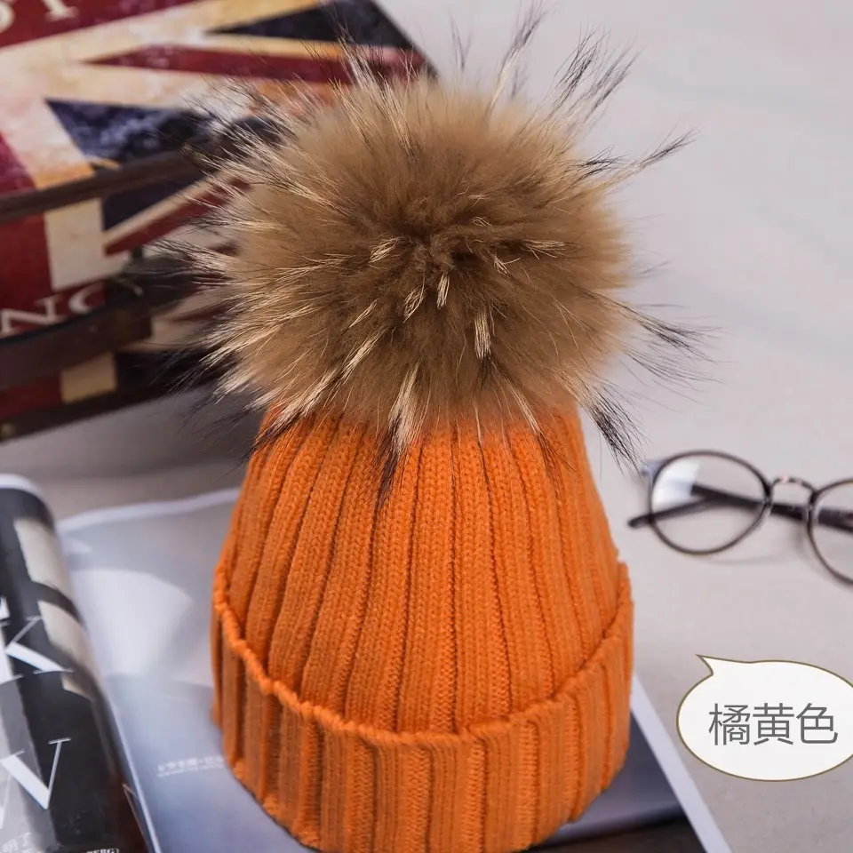 2021 Winter Knitted Wool Hat with Fur Pom Pom Blue