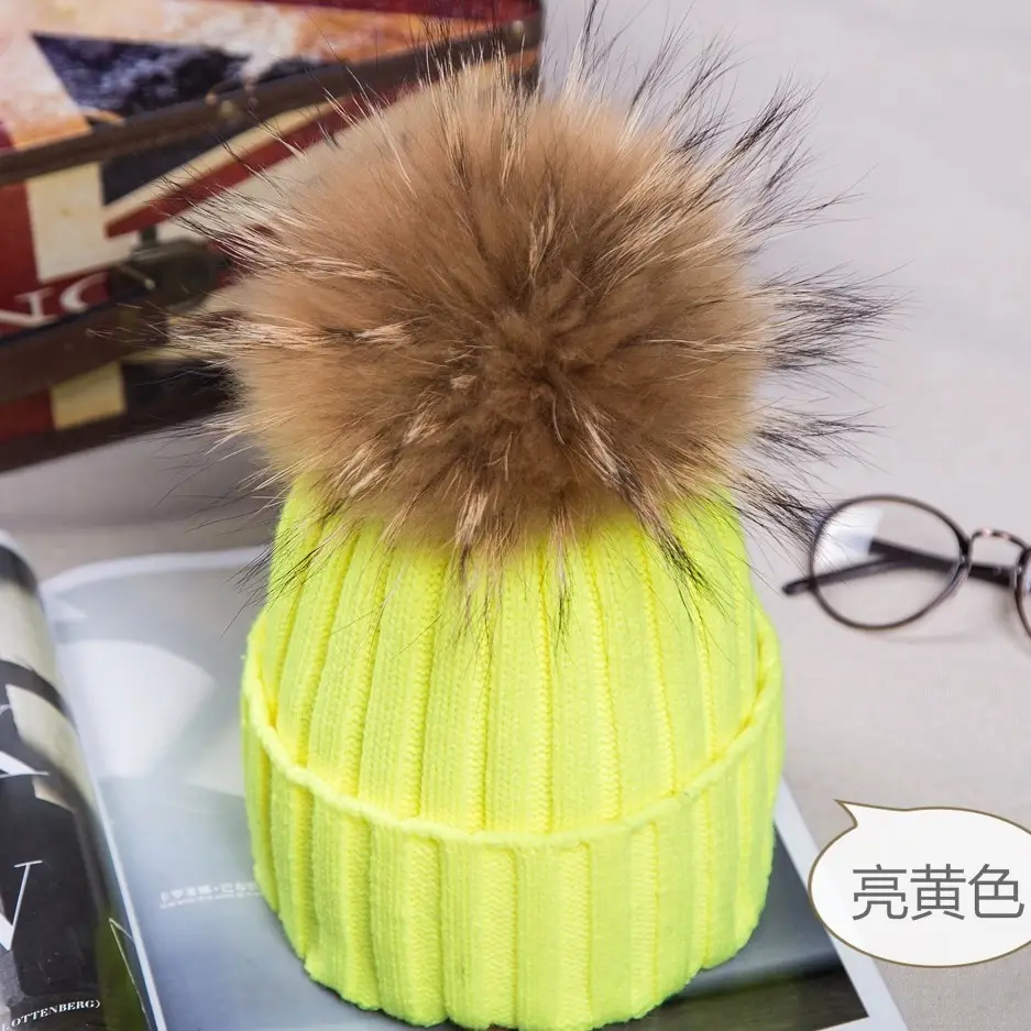 2021 Winter Knitted Wool Hat with Fur Pom Pom Blue