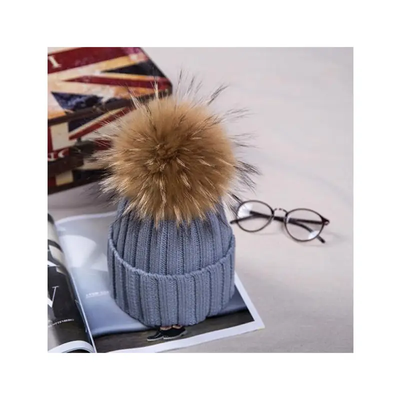 2021 Winter Knitted Wool Hat with Fur Pom Pom Blue