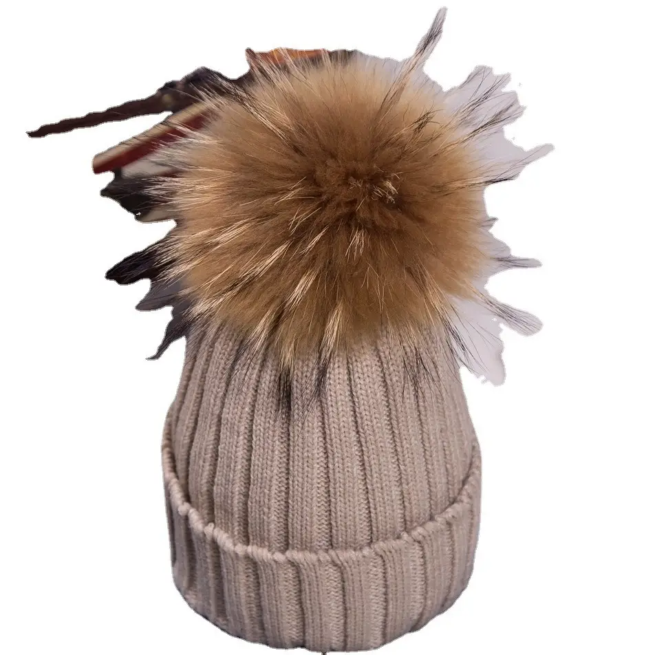 2021 Winter Knitted Wool Hat with Fur Pom Pom Blue