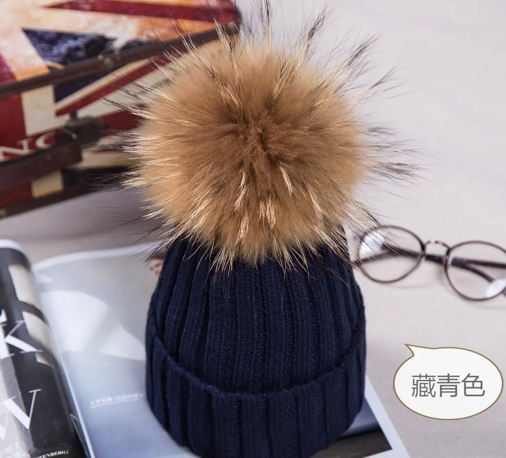 2021 Winter Knitted Wool Hat with Fur Pom Pom Blue