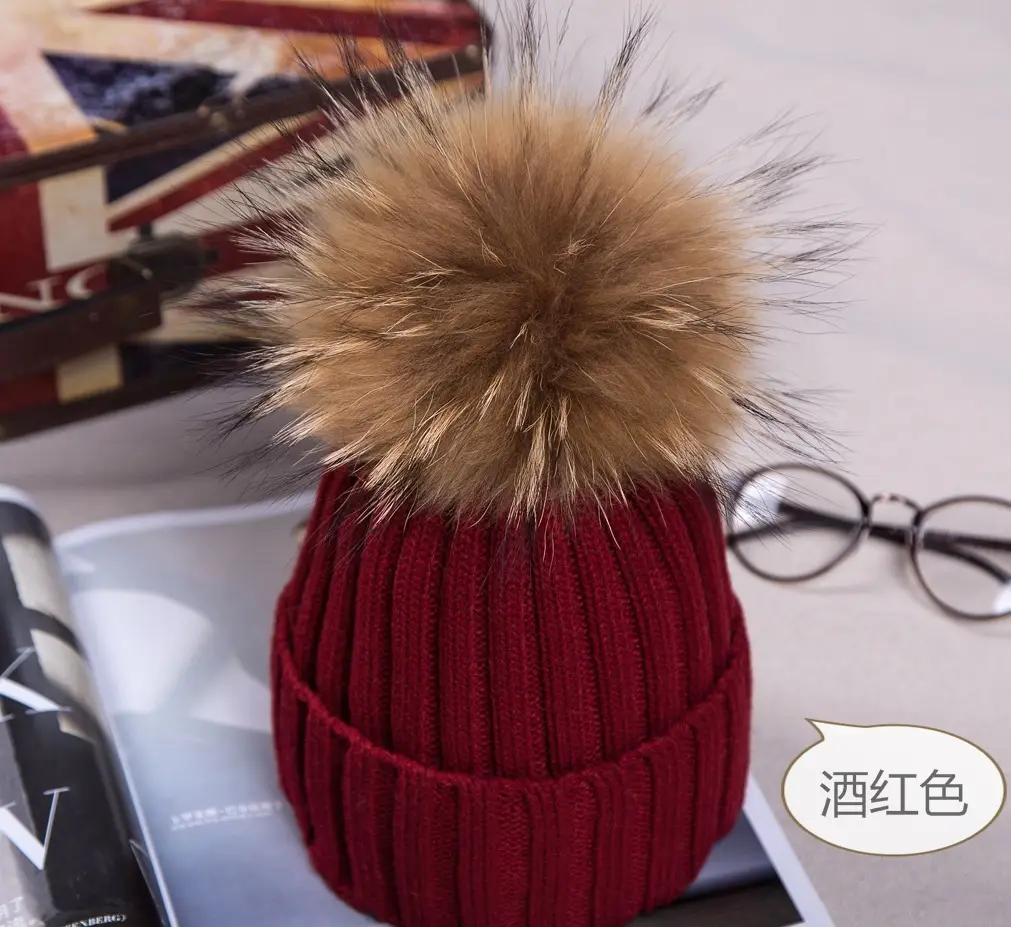 2021 Winter Knitted Wool Hat with Fur Pom Pom Blue