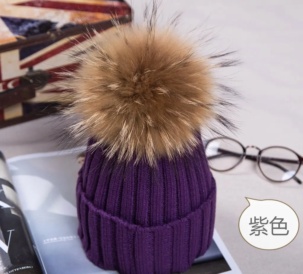 2021 Winter Knitted Wool Hat with Fur Pom Pom Blue