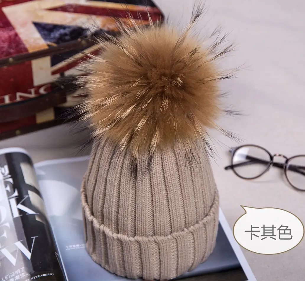 2021 Winter Knitted Wool Hat with Fur Pom Pom Blue
