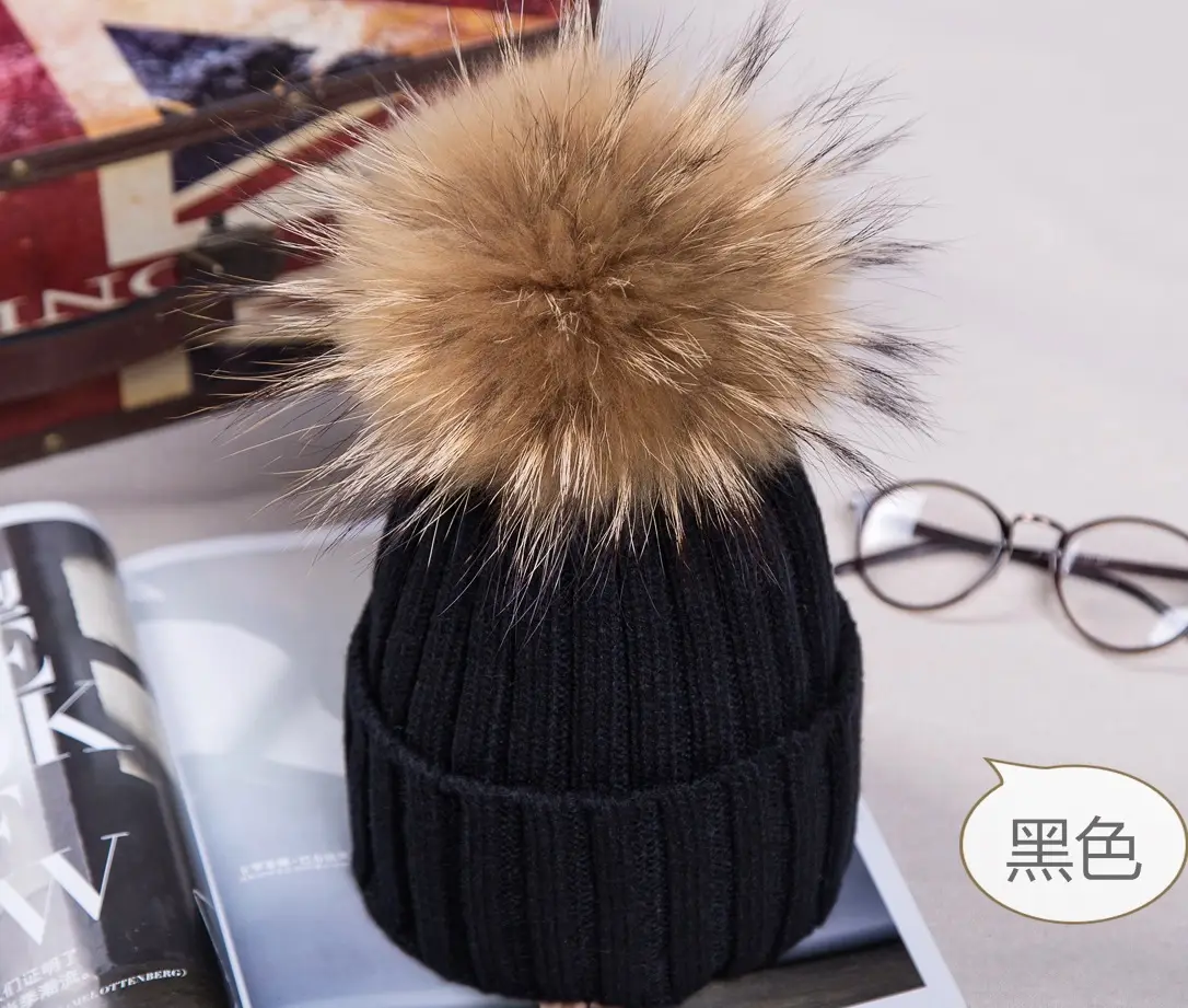 2021 Winter Knitted Wool Hat with Fur Pom Pom Blue