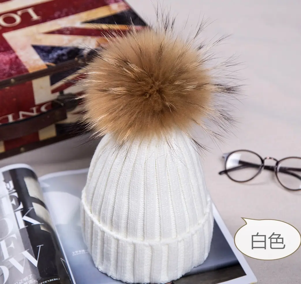 2021 Winter Knitted Wool Hat with Fur Pom Pom Blue