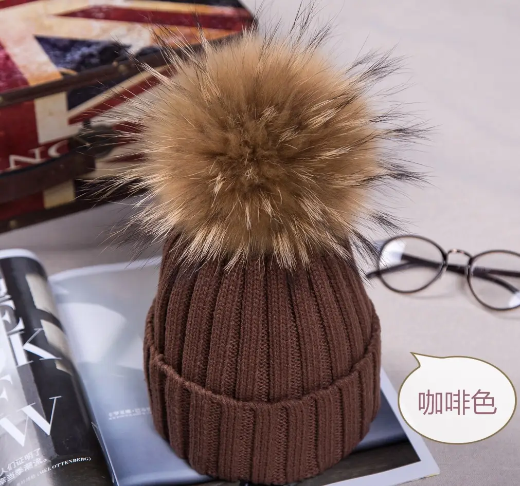 2021 Winter Knitted Wool Hat with Fur Pom Pom Blue