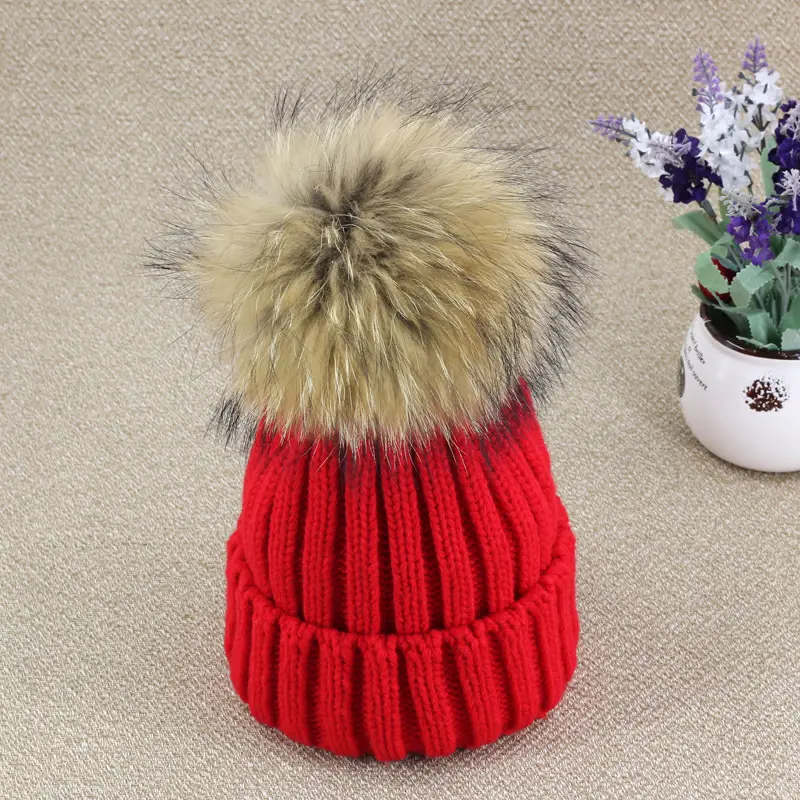 2021 Winter Knitted Wool Hat with Fur Pom Pom Blue