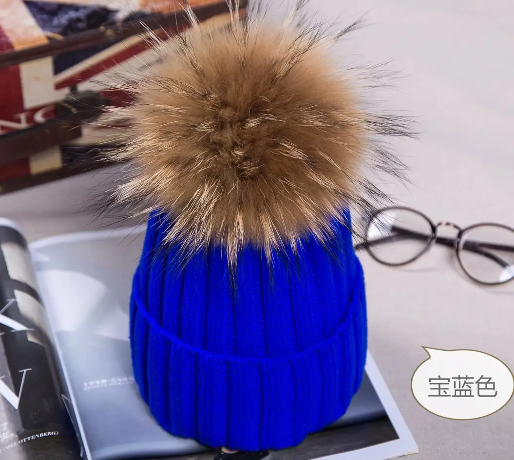 2021 Winter Knitted Wool Hat with Fur Pom Pom Blue