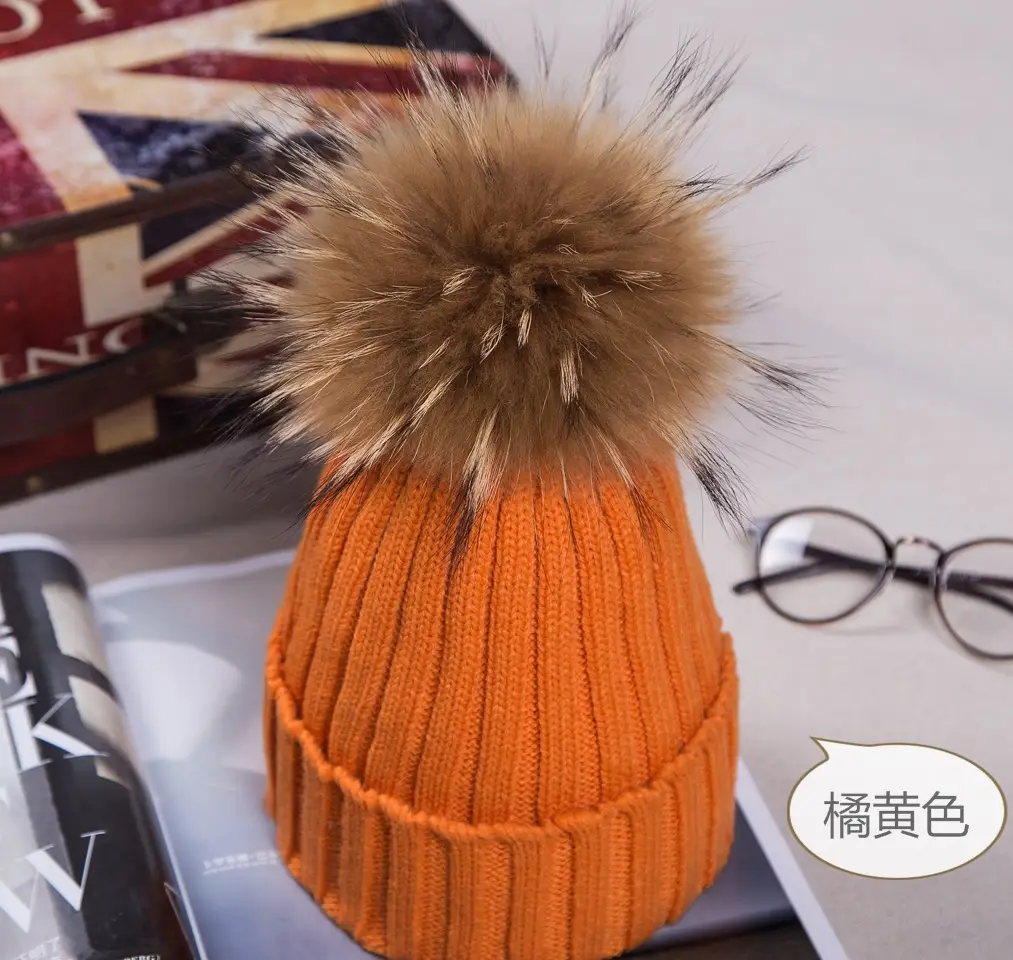 2021 Winter Knitted Wool Hat with Fur Pom Pom Blue