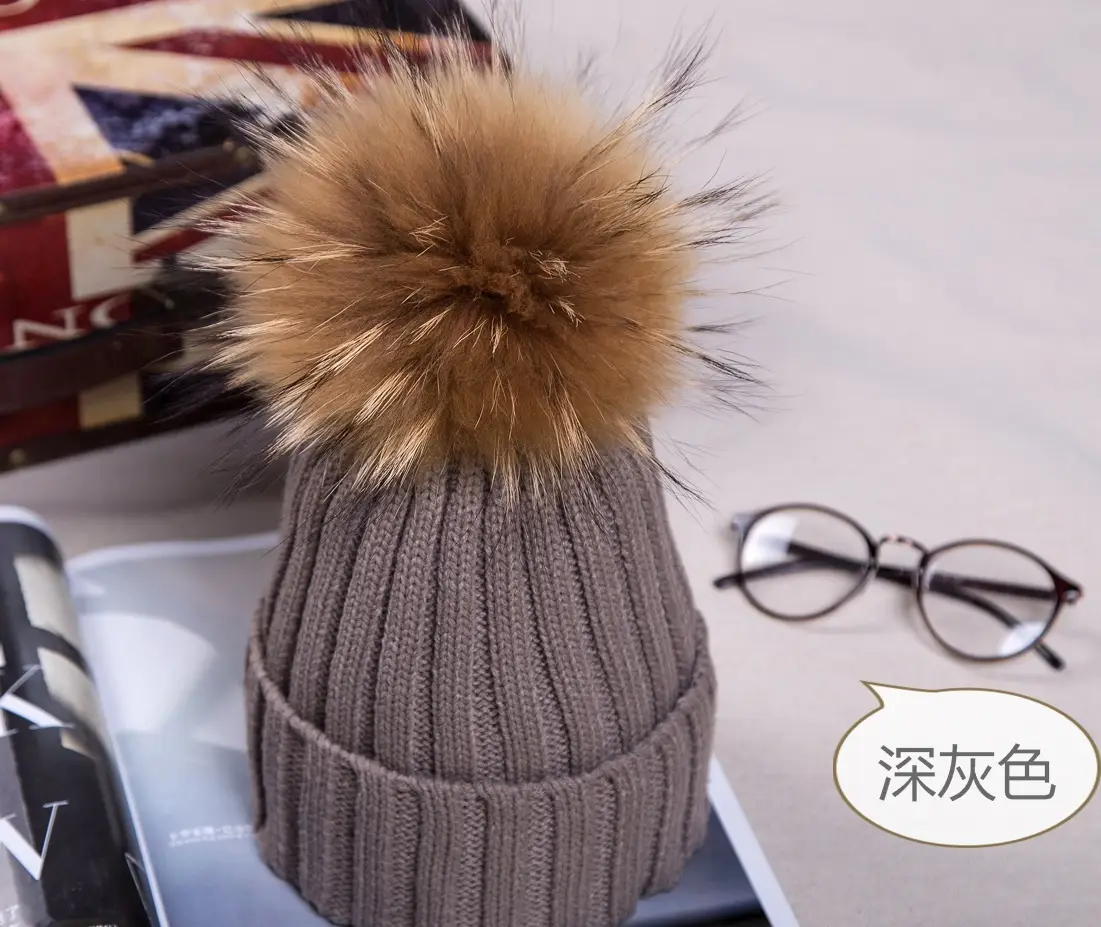 2021 Winter Knitted Wool Hat with Fur Pom Pom Blue