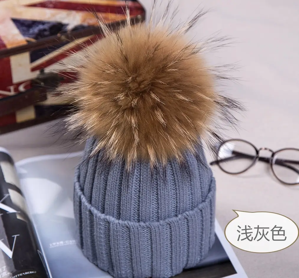 2021 Winter Knitted Wool Hat with Fur Pom Pom Blue