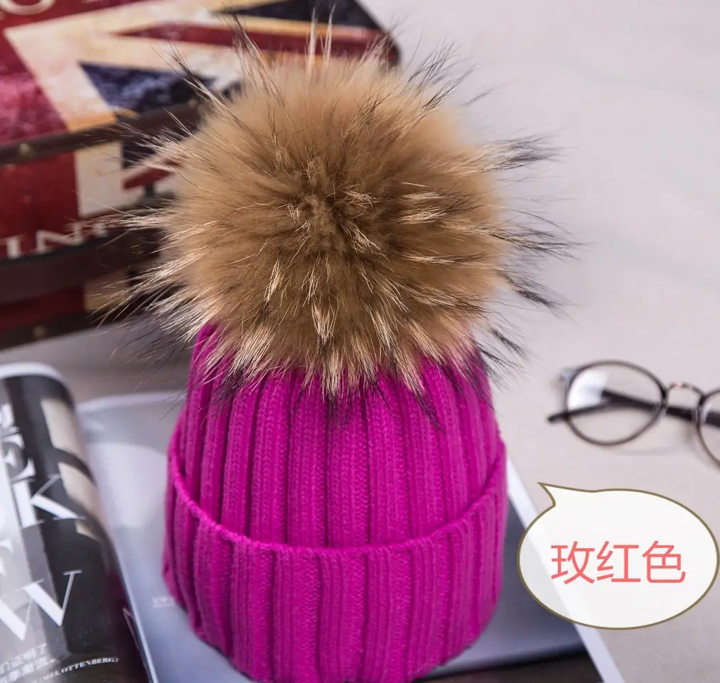 2021 Winter Knitted Wool Hat with Fur Pom Pom Blue