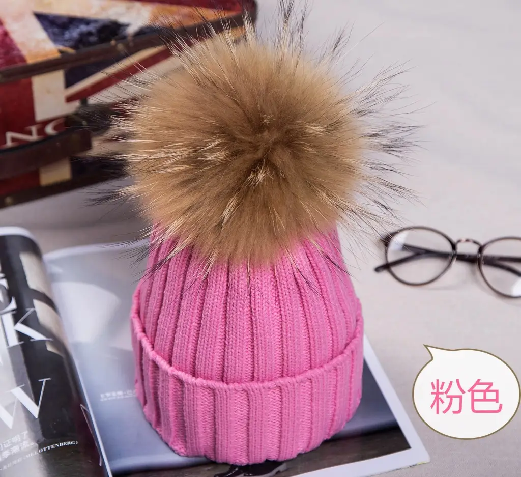 2021 Winter Knitted Wool Hat with Fur Pom Pom Blue