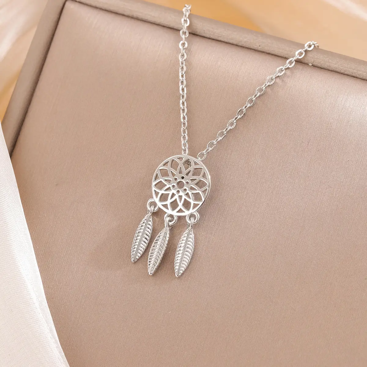 Silver Feather Dream Catcher Necklace for Women - Image 2