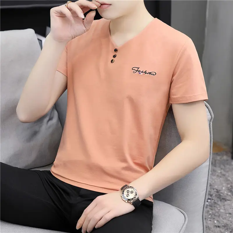 Men's Short Sleeve V-Neck T-Shirt Gray Mercerized Cotton