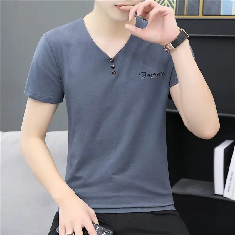 Men's Short Sleeve V-Neck T-Shirt Gray Mercerized Cotton