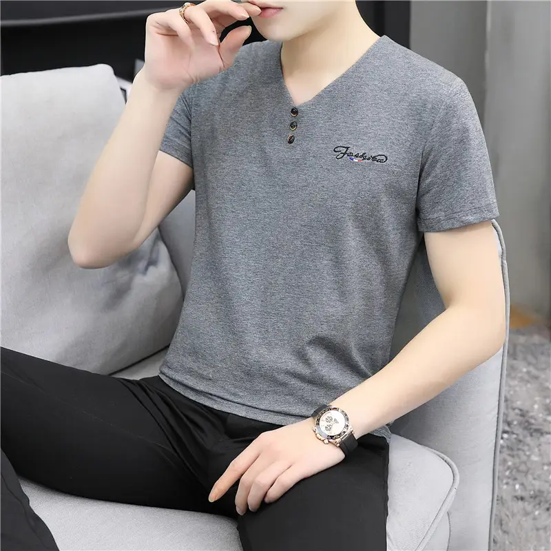 Men's Short Sleeve V-Neck T-Shirt Gray Mercerized Cotton