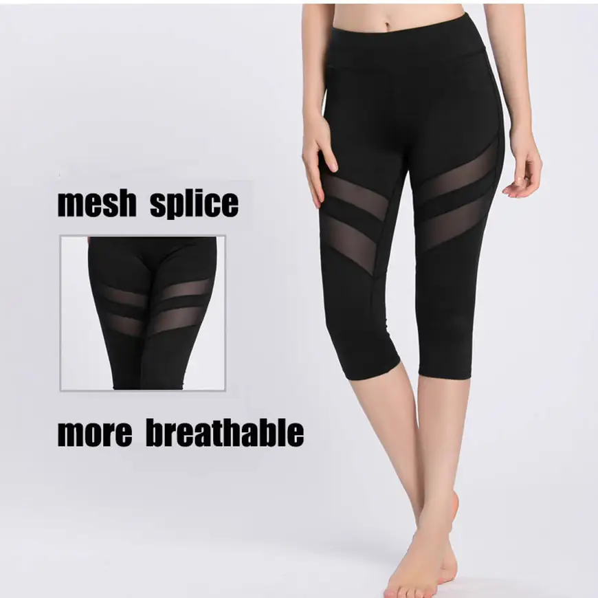Black Mesh Splice Yoga Pants for Women Capri Length - Image 4