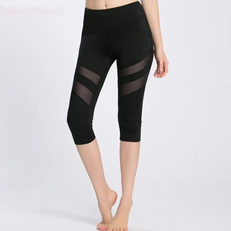 Black Mesh Splice Yoga Pants for Women Capri Length - Image 5