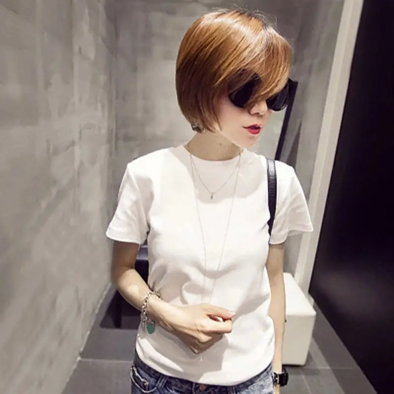 Women White T-Shirt Short Sleeve Slim Fit Crew Neck - Image 2