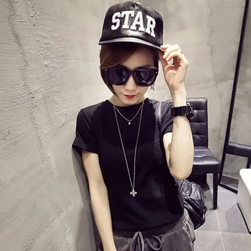 Women White T-Shirt Short Sleeve Slim Fit Crew Neck - Image 4