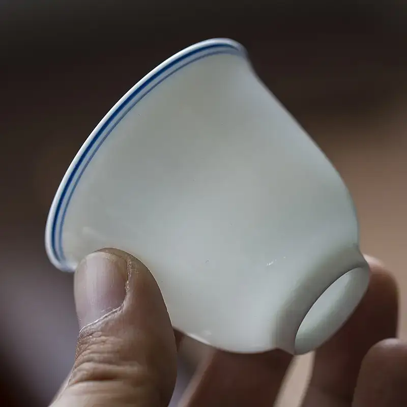 White Porcelain Tea Cup with Blue Line & Thin Feet - Image 13